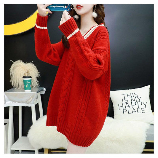 Autumn and Winter Red Sweater Loose Casual V-neck Tops Fashion Knitted Women Tops