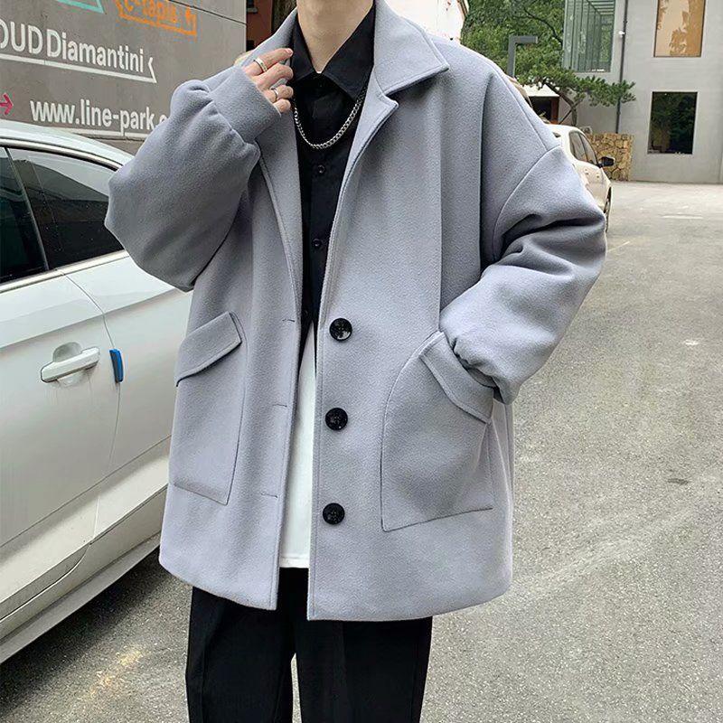 Men's Casual Windbreaker Medium and Short Woolen Thick Coat Tooling British Style Warm Long-sleeved Button Coat