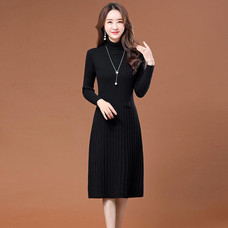 Autumn and Winter Pullover Turtleneck Sweater Skirt Mid-length Solid Color Casual Bottom Skirt Waist Knitted Women Sweater Dress