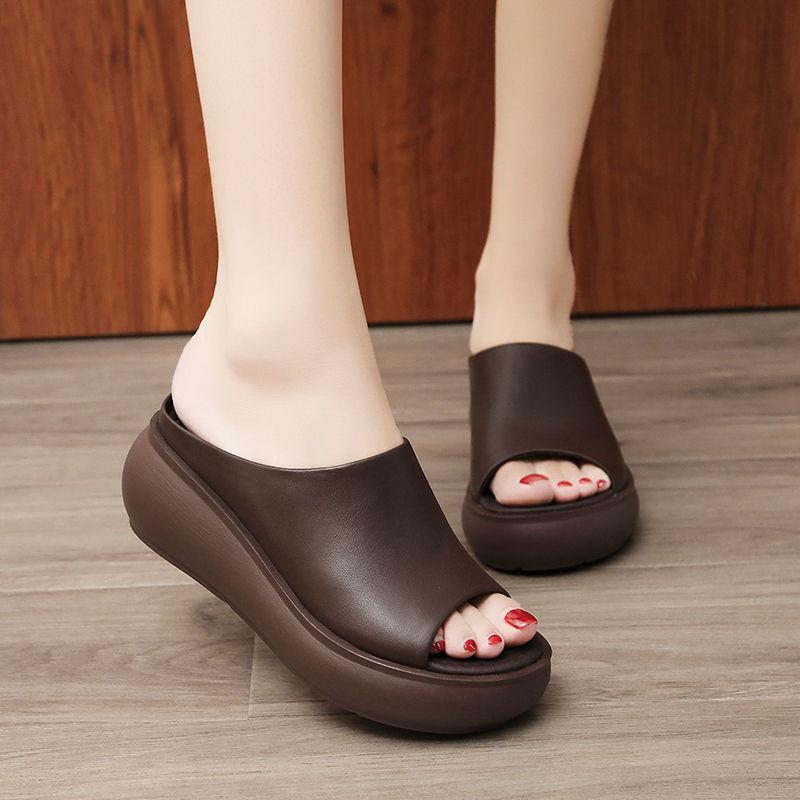 Women Sandals Platform Wedge PU Leather Mules Open Toe Slides Shoes Summer High Heels Sandals