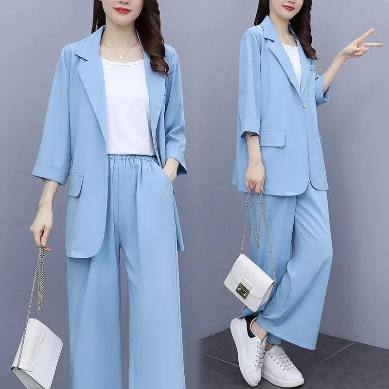 2PCS Women's Wide-leg Pants Suit Spring and Summer Korean Version Slim Suit Jacket + Loose Slit Trousers Two-piece Suit Casual Elegant Workplace Suit