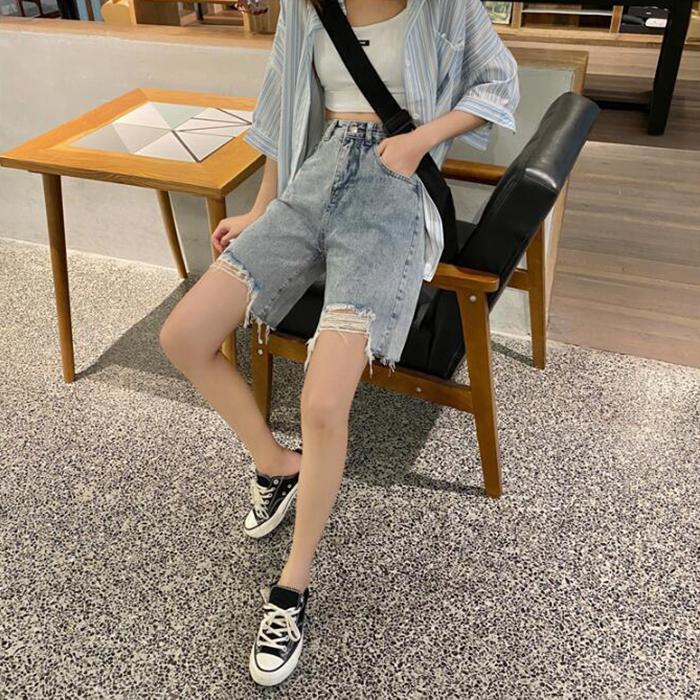 WTEMPO Women Jeans Ripped Denim Shorts Skirt Elastic Waist Loose Wide Leg A-line Office Club Casual Party Dates