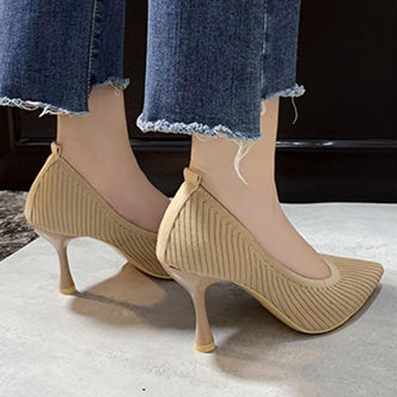 Flying Woven Single Shoes Women Spring and Autumn Pointed Toe Breathable High Heels All-match Nude High Heels Stiletto Shoes