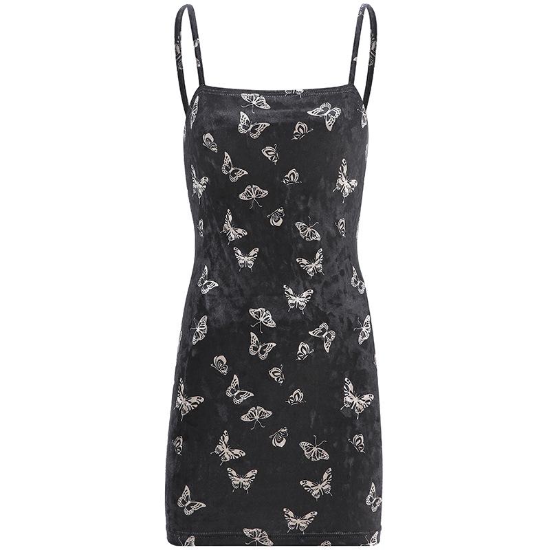 Butterfly Print Women Black Dress Gothic Spaghetti Strap Off Shoulder Dresses Print Dress Sexy