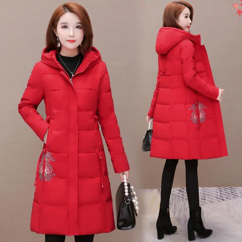 Winter Women's Mid-length Down Jacket Chinese Style Embroidered Slim Down Cotton Jacket Thick Warm Hooded Cotton Jacket