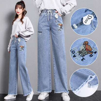 Spring New Wide Leg Pants Female Junior High School High School Students Large Size Jeans Loose All-match Large Size High Waist Straight Pants