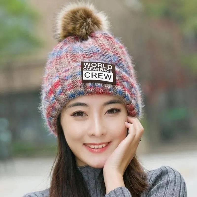 Women's Winter Hat Woolen Knitted Hat Plus Velvet Padded Thick Windproof Hat Korean Student Fur Ball Warm Ear Protection Cap Knitting Hat