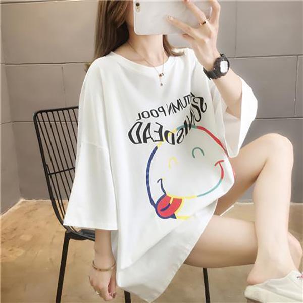 Cute Smiley Women Dress Girl Loose O-Neck Casual Long T-shirt Dress Big Loose Home Comfort Outer Convenient Nightdress Pajamas