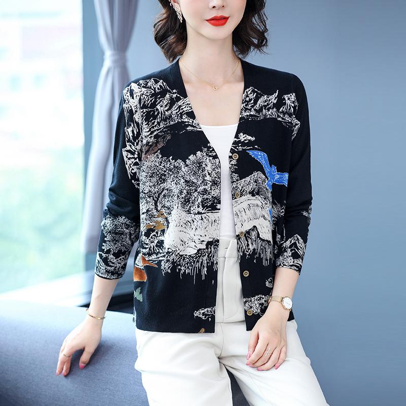 Autumn Winter Women's Knitted Sweater V-neck  Printing Cardigan Short Plus Size Cardigan Woolen Sweater Coat