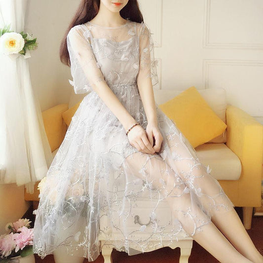 Women Summer Casual Fairy Dress Suit Vintage High Waist Short Sleeve Slim Elegant Base Slip Dress Lace Mesh Dress 2 Pieces Set