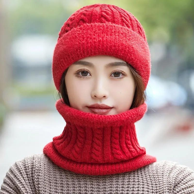 Women's Cotton Cashmere Hat Winter Warm Woolen Mother Hat Dome Hat Scarf Set Neck Ear Protection Mask Cap Set Simple Classic Knitted Top Caps