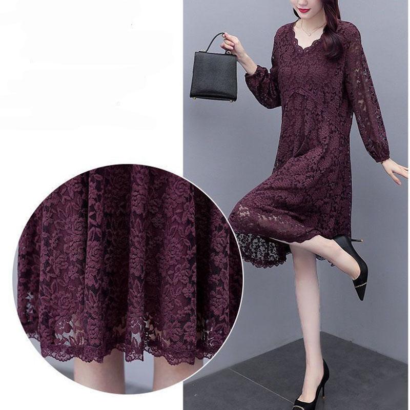 Women Solid Color Lace Long Sleeve V-neck Dress Spring and Autumn Large Size Loose Knee-length Size M-XXXXXL