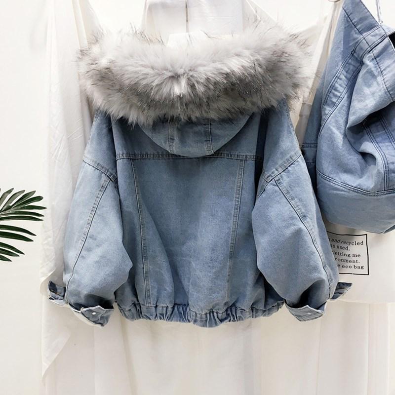 Overcoat Thick Warm Coat Denim Jacket Female Winter Fur Collar Lamb Coat Student Short Coat