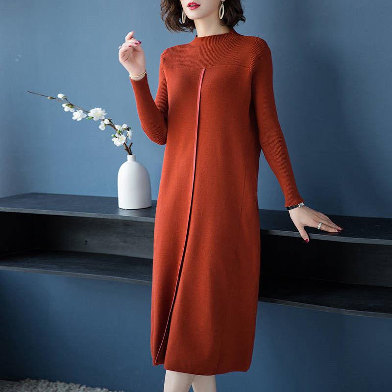 Autumn and Winter Knitted Long Dress Over The Knee Loose Clothes Large Size Base Skirt Pure Color Simple Female Sweater Dress