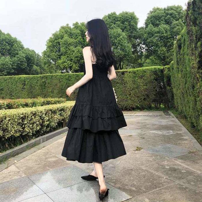 Pofulove Women Retro Black Camisole Dress Pleated Hepburn Below The Knee Waist Skirt Beach Dresses