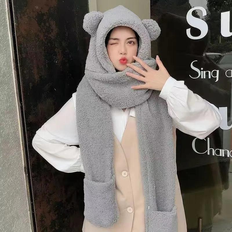 Women's All-match Cute Autumn and Winter Warm Hat Double-layer Thickening One-piece Three-purpose Hat Bear Ears Scarf Gloves Fleece Warm Caps Set