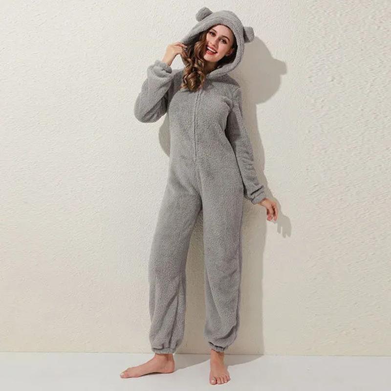 Women's Winter Cute Bear Ear Pajamas One Piece Plush Double Sided Fleece Home Wear Hooded Pajamas Loose Plus Size Pyjamas