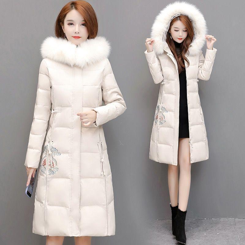 Winter Fashion Ladies Down Hooded Cotton Jacket Plus Velvet Thick Warm Parker Clothing Large Size Super Long Slim Coat