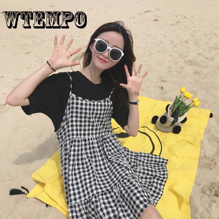 Summer Style College Style Women Dress Xiaoqing Temperament Plaid Strap Dress two-piece suit