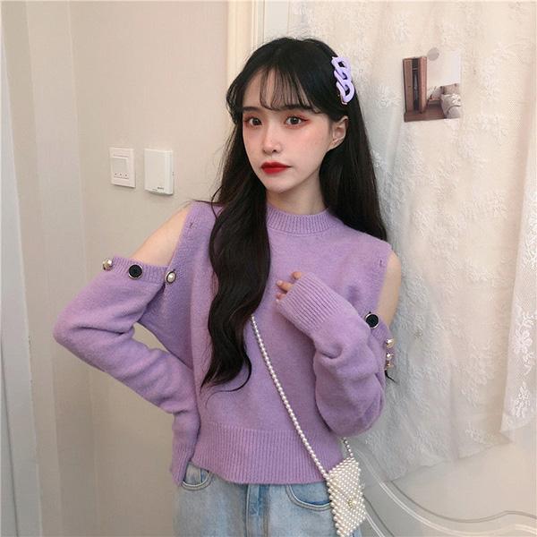 Design Sense Off-shoulder Sexy Sweater Women's Autumn Long-sleeved Loose Top Short Solid Color Round Neck Jacket