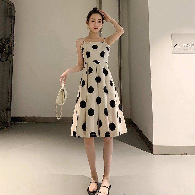 2020 Long Split Vestidos Women Straps Sleeveless Summer Sundress Polka Dot Printed Dress Female