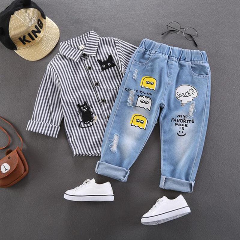 Spring and Autumn Boy and Girl Jeans Pants Children's Wear Korean Casual Pants Printing Baby Jeans Thin Ripped Jeans