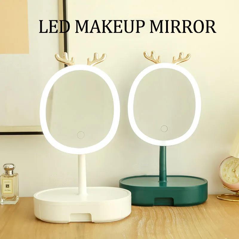 3 Levels Ligthing LED Makeup Mirror Portable Travel Desktop Mirror Three-speed Adjustable Touch Screen USB Charging