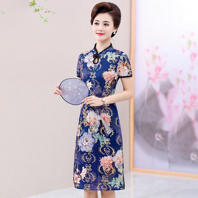 Summer Improved Cheongsam Female Mother Dress Retro Short-sleeved Dress Mid-length Middle-aged and Elderly Printed Cheongsam Dress