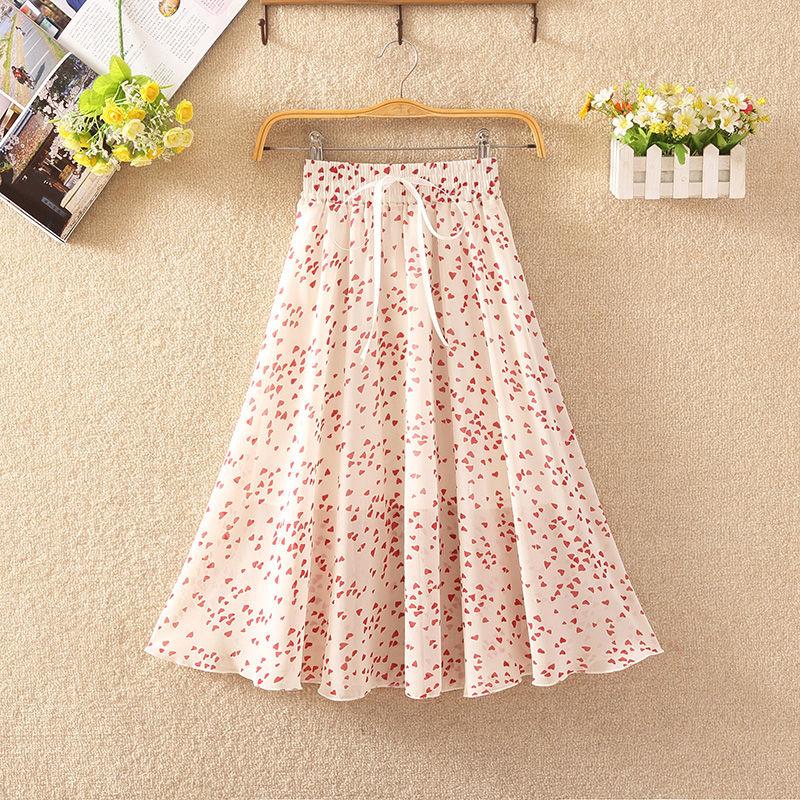 Elastic Waist Pleated Floral Skirt Summer Women's High Waist Mid-length A-line Draping Chiffon Fairy Dress