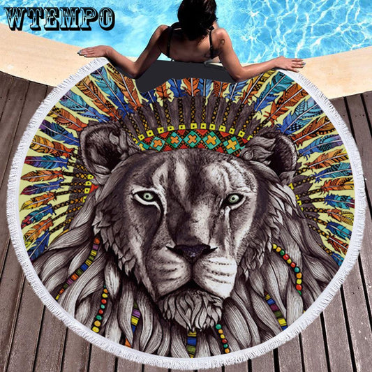 WTEMPO Round Shape Beach Towel lion Digital Printed Polyester Blanket Yoga Mat