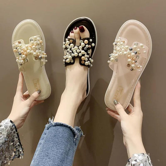 Slippers Women’s Summer Wear Women’s Shoes Flat-heeled Non-slip Soft-soled Beach Shoes Sandals with Pearl Decoration Sweet Sandals