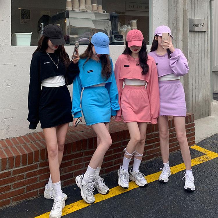 2PCS Personality Short Suit Letter Casual Sports Style Athletic Girl Long Sleeve Ultra Short Sweater Women + Hip Skirt Two-piece Set