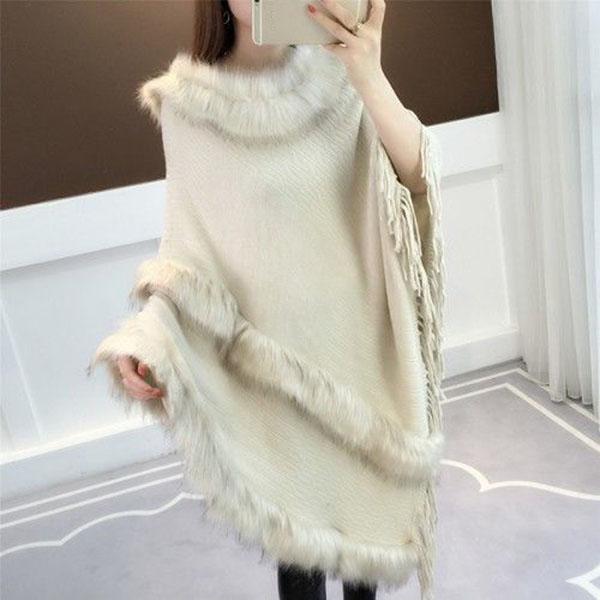 Autumn and Winter Imitation Fox Fur Cloak Shawl Bat Shirt Female Fur Collar Coat Plus Size Tassel Mid-length Sweater Coat