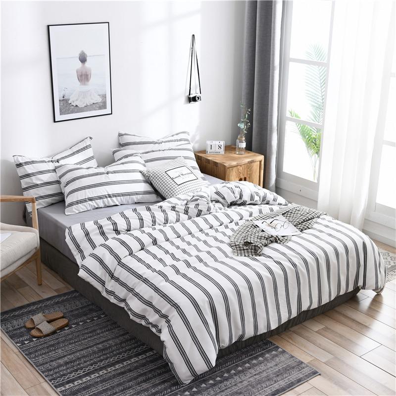 3/4 Pcs Bedding Set Simple Stripes Cotton Printed Bed Sheet Bed Cover Home Textile Bedclothes