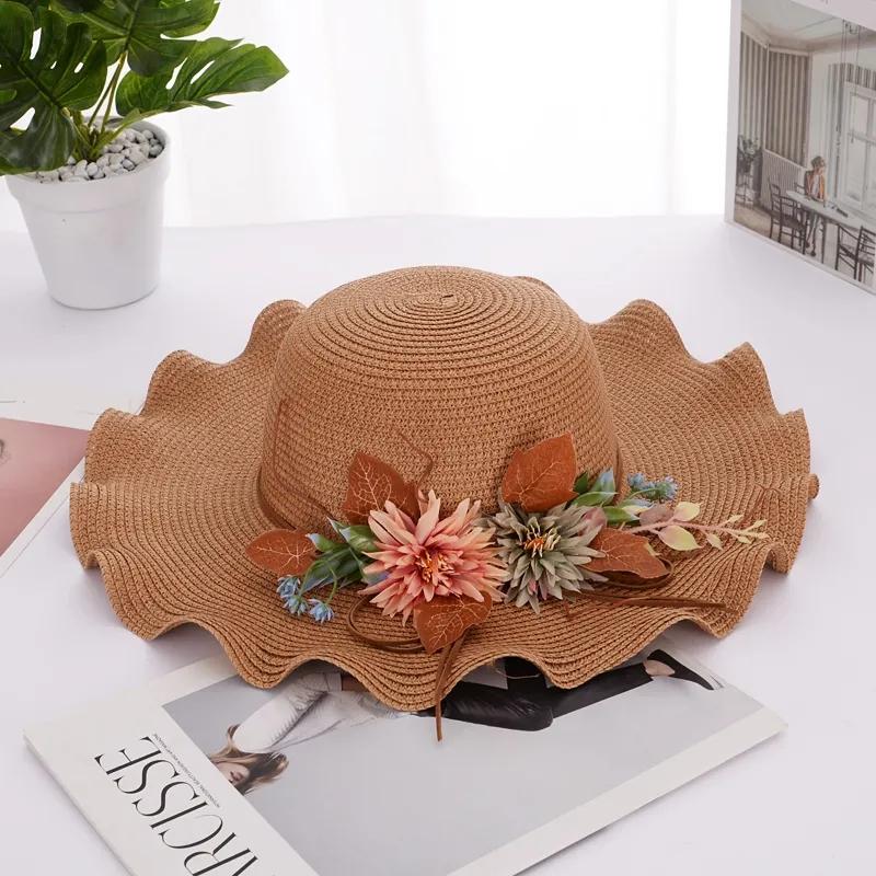 Women's Summer Flower Straw Hat Beach Foldable Sunscreen Sun Cap Anti-UV Sunshade Big Edge Vacation Cap