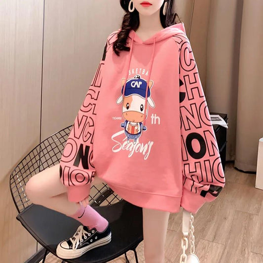 Sweatshirts Women's Spring and Autumn Large Size Loose Round Neck Print Casual Stitching Long-sleeved Sweater