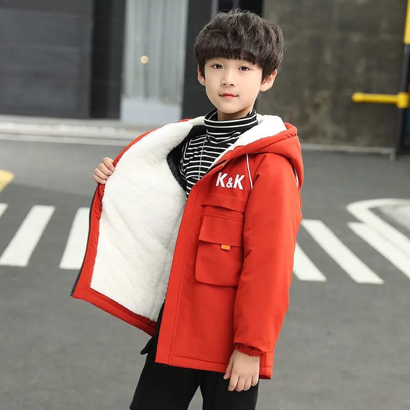 Children's Clothing Boys' Jacket Winter Clothing Plus Velvet Big Children's Thickening Mid-length Windbreaker Trendy Fashion Warm Cotton Clothing