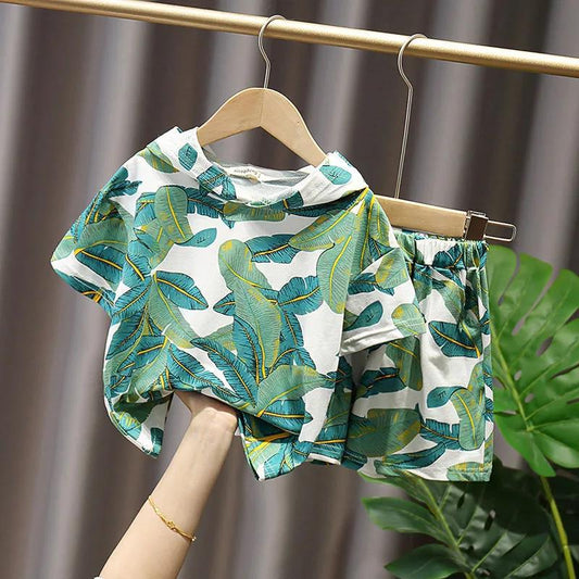 Children's Suit Summer Thin Korean Style Loose Print Leaf Girls and Boys Suspender Shorts Ventilation Two Piece Set