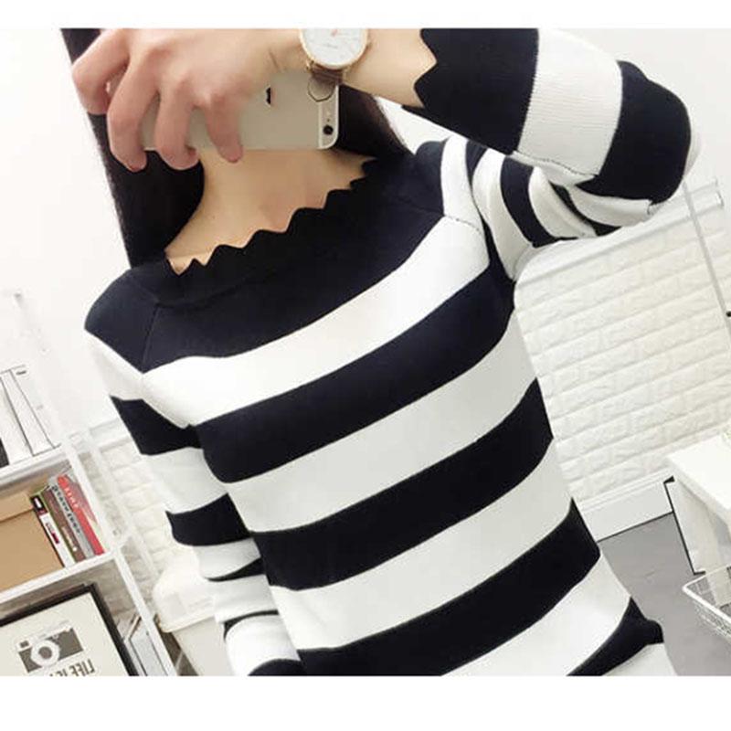 Autumn and Winter All-match Sweater Slim Short Bottoming Shirt Striped Pattern Young Women's Top