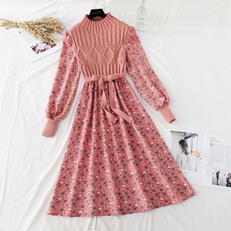 Autumn  Winter Corduroy Dress Women's Knitted Stitching Long-sleeved Long Floral Dress Sweet A-line Dress with Belt