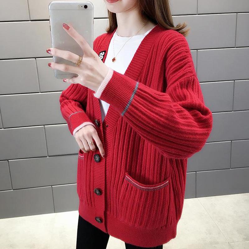 Autumn and Winter Models Loose and Thin Ladies Sweater Coat Loose Women Trendy Fashion Wild V-neck Long-sleeved Sweater Women Cardigan