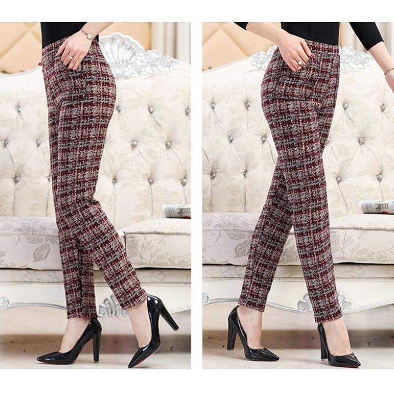 Plus Velvet Mother Pants Thicken Middle-aged and Elderly Outer Wear Leggings Autumn and Winter Large Size Plaid Pants Middle-aged Warm Women's Pants