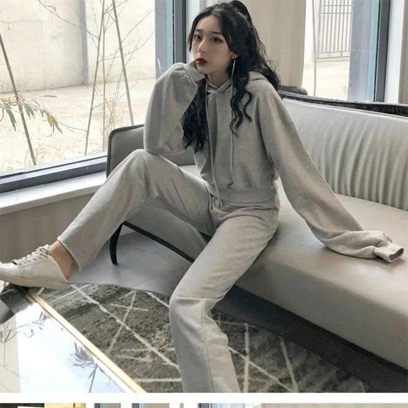 2PCS Women's Spring/Summer Casual Suit Long Sleeve Short Hooded Sweater + Loose Thin Elastic High Waist Wide Leg Pants Ladies Two-piece Sports Suit