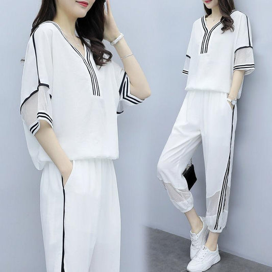 Casual Sports Suit Women's Loose Round Neck Short-sleeved Top + Loose Casual Sports Pants Two-piece Sports Suit Fabric Is Soft Light and Breathable