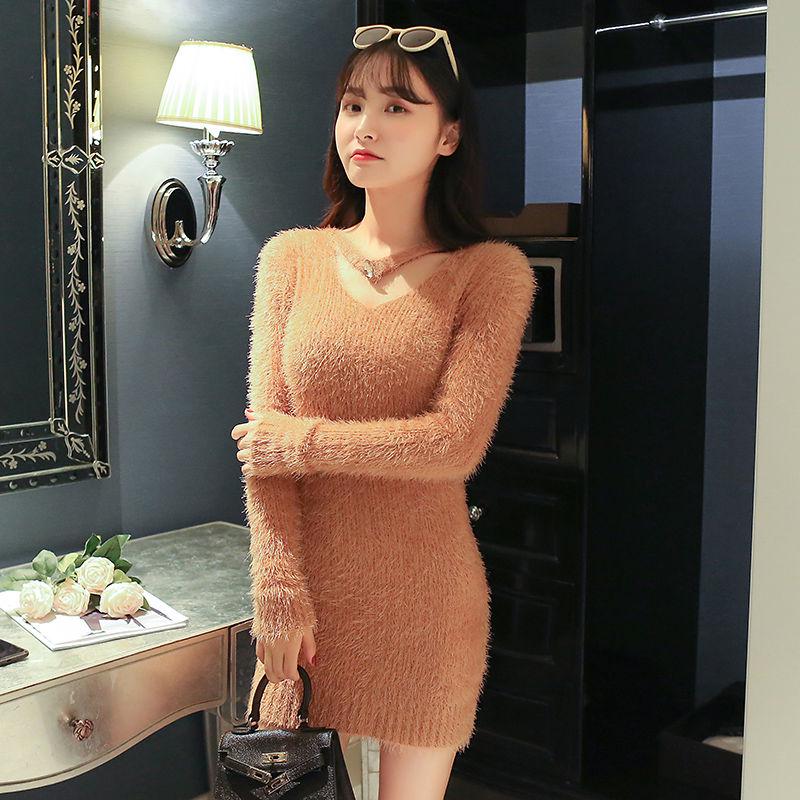 Autumn and Winter Mohair V-neck Sweater Pullover Mid-length Slim Top Solid Color Sexy Female Sweater Dress