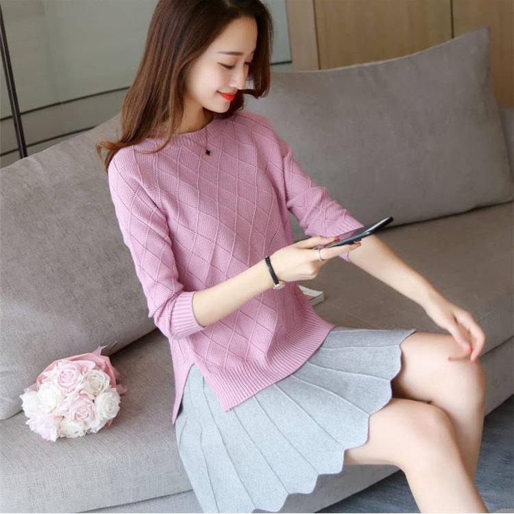 Round Neck Sweater Large Size Solid Color Sweater Spring and Autumn Sweater Female Long Sleeve