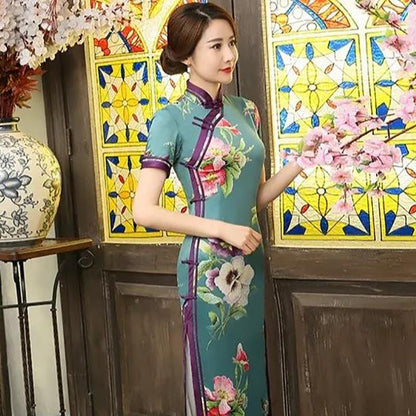 Improved Elegant Mother Show Catwalk Long Cheongsam Female Chinese Style Short-sleeved Sexy Retro Self-cultivation