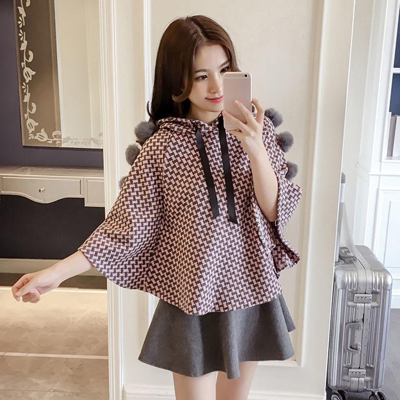 Spring and Autumn Plaid Cloak Top Hooded Pullover Sweater Shawl Coat Student Trend