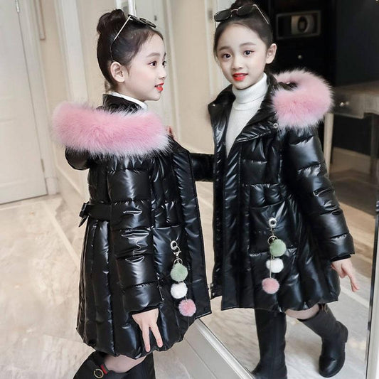 Girls Mid-length Warm Cotton Coat Korean Windproof Cotton Jacket Glossy Wash-free  Padded Jacket