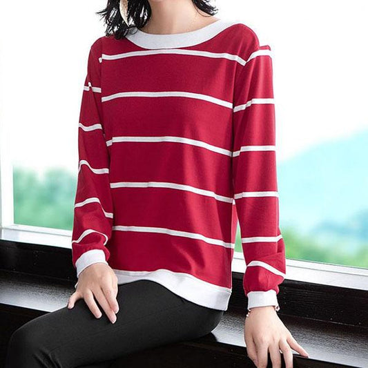 Female Autumn Long Sleeve Large Size Striped Casual Pullover Women's Spring Loose Cotton Round Collar Tops